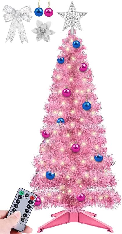 Photo 1 of [ Remote Control & 8 Mode Timer ] 4 Ft Pink Christmas Tree with 100 Color Lights 18 DIY Ball Ornaments 3D Star Ribbons Battery Operated Pencil Full Tree Holiday Xmas Christmas Decorations Indoor Home
