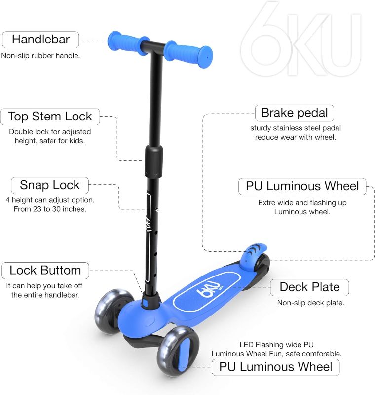 Photo 1 of 6KU Scooter for Kids Ages 3-5 with Flash Wheels, Kids Scooter 4 Adjustable Height, Toddler Scooter Extra-Wide PU LED Wheels, 3 Wheel Scooter for Kids for Girls & Boys Learn to Steer… blue
