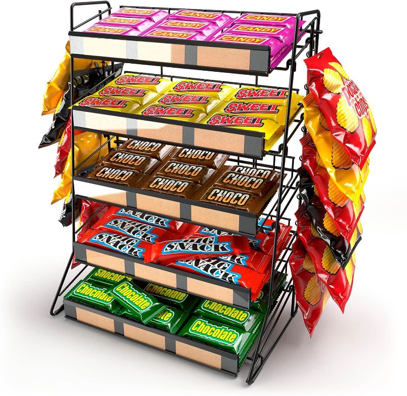 Photo 1 of DS THE DISPLAY STORE 5 Tier Candy Display Rack, Large Snack Organizer For Countertop, Home Theatre Portable Concession Stand Snack Display, Black Metal Shelf With 12 Clips
