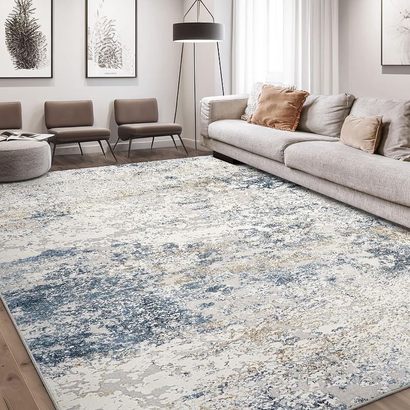 Photo 1 of Area Rug Living Room Rugs - 9x12 Abstract Large Soft Indoor Washable Rug Neutral Modern Low Pile Carpet for Bedroom Dining Room Farmhouse Home Office - Beige Blue

