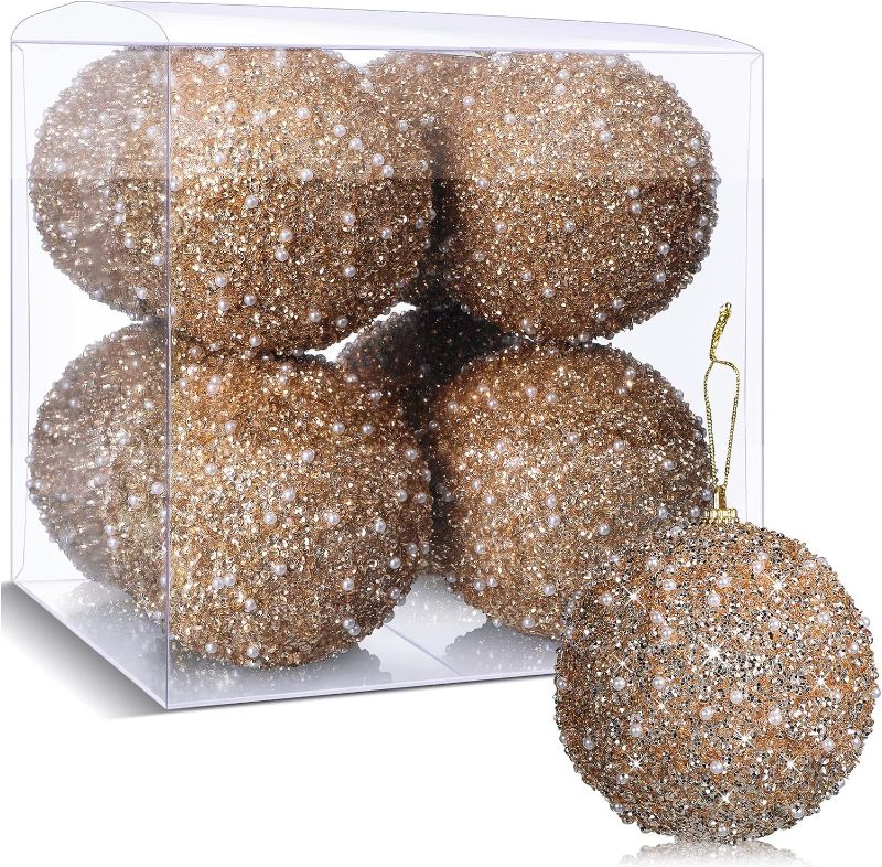 Photo 1 of 6 Pcs 4 Inch Ball Valentine's Day Christmas Tree Ornaments Glitter Sequin Foam Ornaments Hanging Christmas Ball Decorations (Champagne)