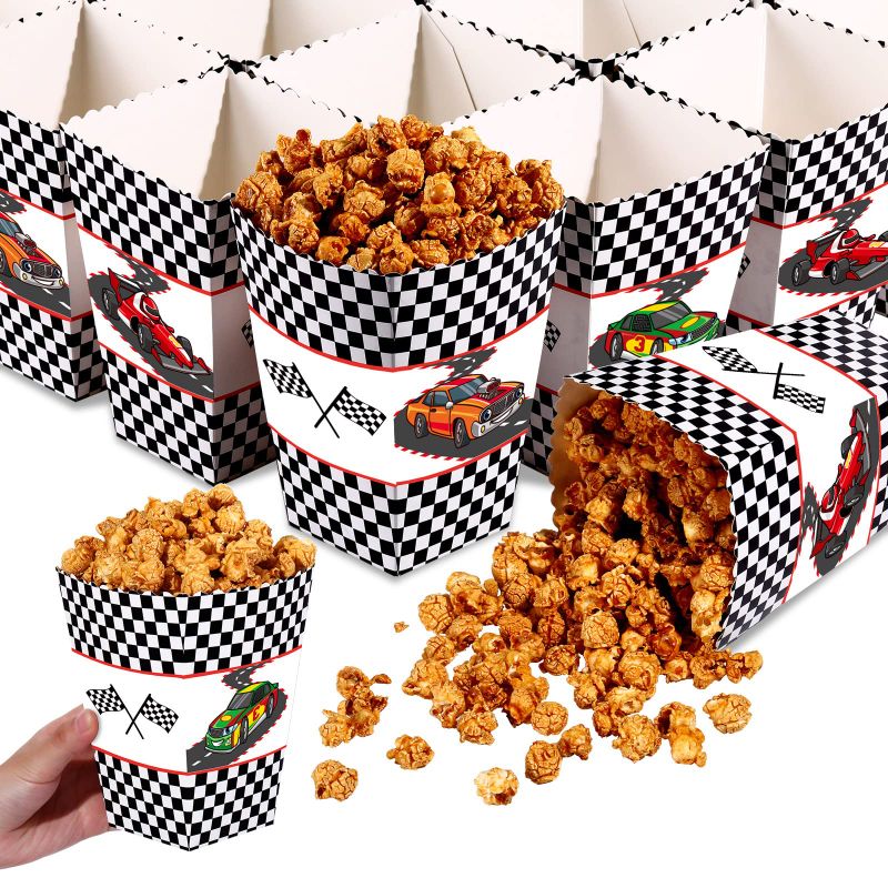 Photo 2 of 24 Pieces Race Car Popcorn Treat Boxes Racing Car Birthday Party Supplies Checkered Black and White Party Popcorn Box Party Popcorn Bucket Bowl Race Car Birthday Party Favors Decorations
