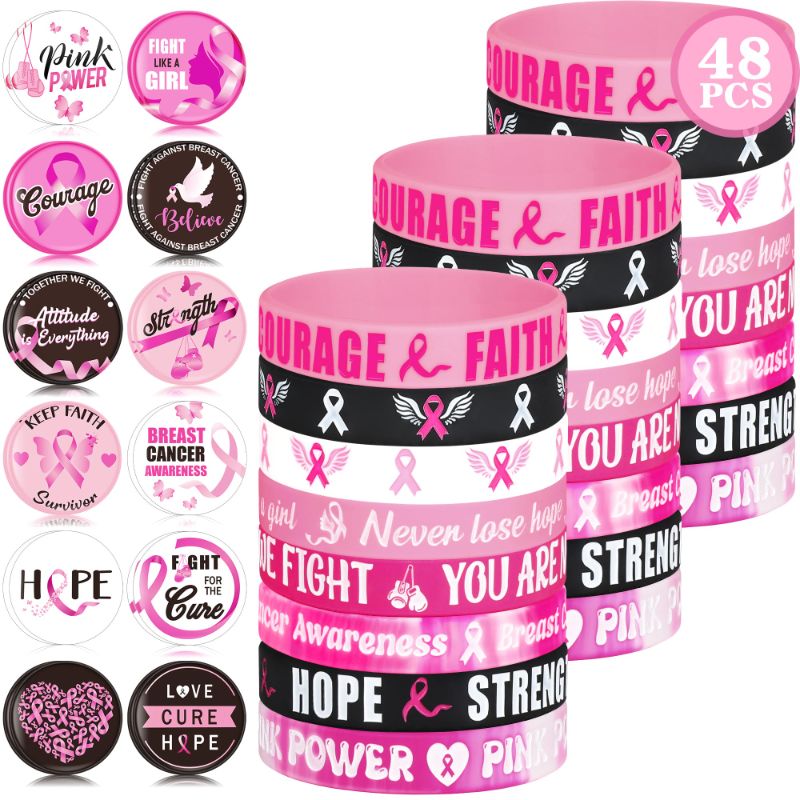 Photo 2 of 48 PCS Breast Cancer Awareness Accessories, 24 PCS Breast Cancer Support Silicone Wristbands, 24 PCS Button Badges, Ribbon Accessories Decor Party Supplies for Breast Cancer Themed Parties Events