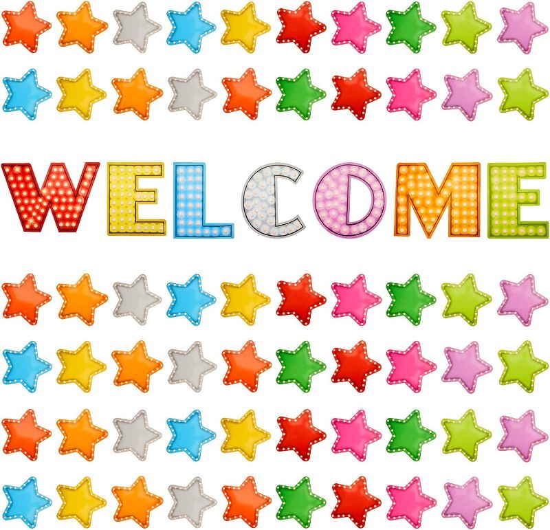 Photo 1 of 67 Pieces Marquee Welcome Bulletin Board Set, Colorful Welcome Banner with Star Shaped Cutouts Classroom Banner Decoration for Teachers and Students Back to School Decoration
