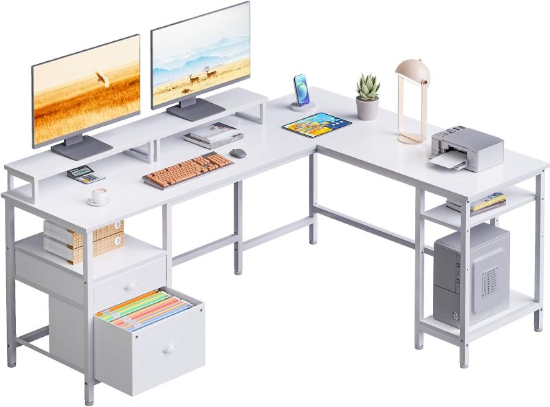 Photo 1 of Furologee White 66" L Shaped Desk with Shelves, Reversible Corner Computer Desk with File Drawer & Dual Monitor Stand, Large Home Office Desk Writing Study Gaming Table Workstation
