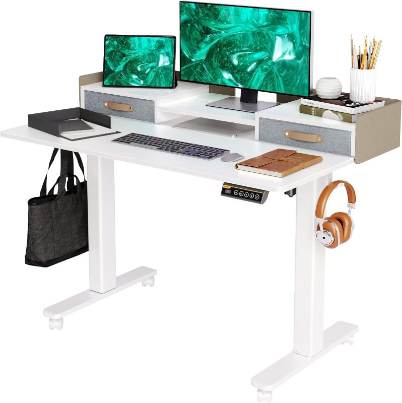 Photo 1 of Claiks Standing Desk with Drawers, Stand Up Electric Standing Desk Adjustable Height, Sit Stand Desk with Storage Shelf and Splice Board, 48 Inch, White
