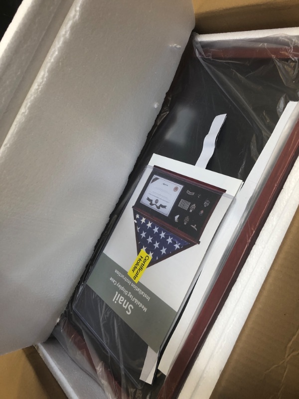 Photo 1 of Flag Display Case Large Military Shadow Box Fits a Folded 5'x9.5' Veterans Burial Memorial Funeral Flag with Certificate Document Holder Frame and Felt Lining for Badges and Medals, Mahogany Finish