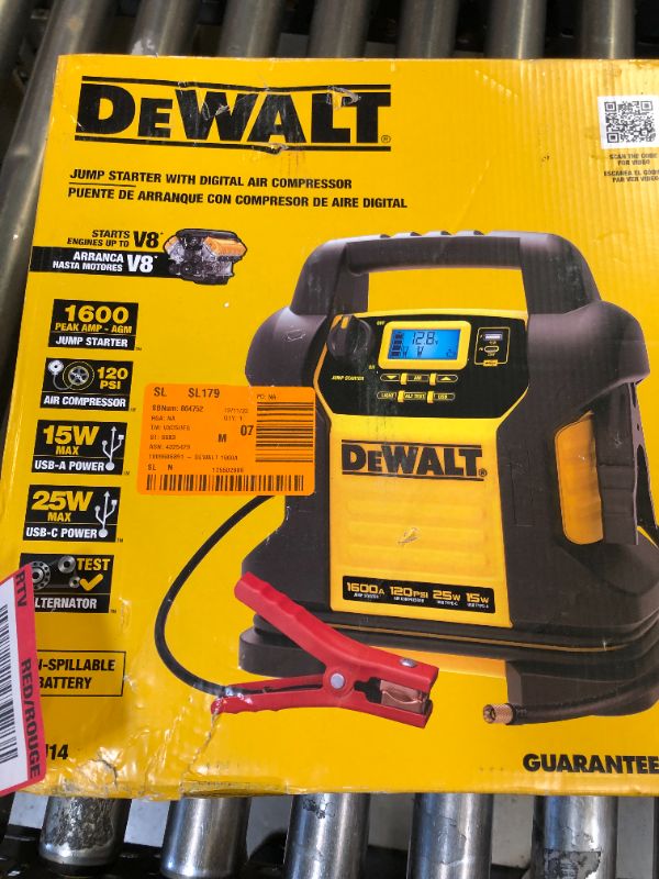 Photo 3 of DEWALT DXAEJ14-Type2 Digital Portable Power Station Jump Starter - 1600 Peak Amps with 120 PSI Compressor, AC Charging Cube, 15W USB-A and 25W USB-C Power for Electronic Devices 1600 Amps