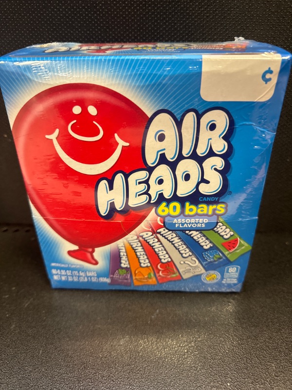 Photo 2 of Airheads Candy Bars, Variety Bulk Box, Chewy Full Size Fruit Taffy, Gifts, Holiday, Parties, Concessions, Pantry, Non Melting, Party, 60 Individually Wrapped Full Size Bars 60 Count (Pack of 1)   exp 08-2025