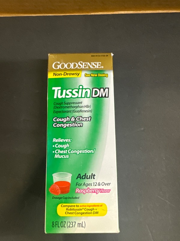 Photo 2 of     EXP             06-2025                GoodSense Tussin Cough Syrup DM, Cough and Chest Congestion Relief, Raspberry Flavor, 8 Fl Oz