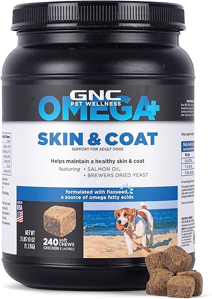 Photo 1 of   EXP 01-2024    GNC Pets Omega Skin & Coat Dog Supplements for Adult Dogs Omega Fatty Acids & Flaxseed, 240 ct, 6 Pk | Chicken Flavored Soft Chews for Dogs Skin & Coats Salmon Oil and Vitamin E (FF14951PCS6)