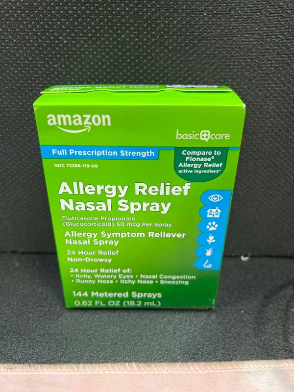 Photo 2 of Amazon Basic Care 24-Hour Allergy Relief Nasal Spray, Fluticasone Propionate (Glucocorticoid), 50 mcg, Full Prescription Strength, Non-Drowsy, 0.62 Fl Oz 0.62 Fl Oz (Pack of 1)     exp 03-2024