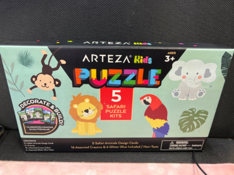 Photo 2 of Arteza Kids Coloring Kit, 5 Safari Jigsaw Puzzles, 16 Crayons, 6 Tubes of Glitter Glue, 5 Frames, DIY and Screen-Free Kids’ Activities, Craft and Art Supplies for Ages 3 and Up 5 Safari Puzzles