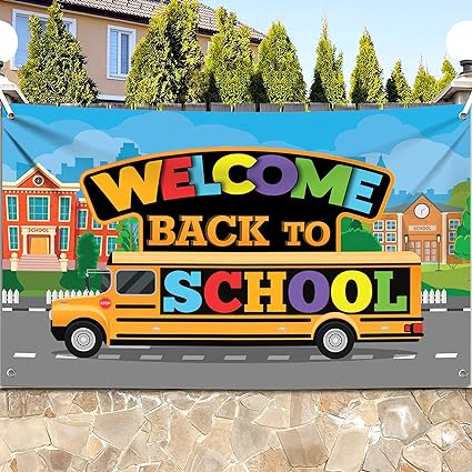 Photo 1 of KatchOn, Welcome Back To School Banner - XtraLarge, 72x44 Inch | School Bus Backdrop | Back To School Backdrop for School Bus Decorations | Back To School Decorations, Back To School Party Decorations