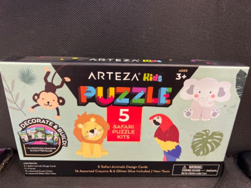 Photo 2 of Arteza Kids Coloring Kit, 5 Safari Jigsaw Puzzles, 16 Crayons, 6 Tubes of Glitter Glue, 5 Frames, DIY and Screen-Free Kids’ Activities, Craft and Art Supplies for Ages 3 and Up 5 Safari Puzzles