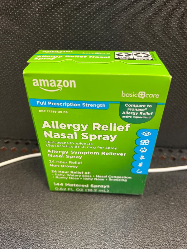 Photo 2 of Amazon Basic Care 24-Hour Allergy Relief Nasal Spray, Fluticasone Propionate (Glucocorticoid), 50 mcg, Full Prescription Strength, Non-Drowsy, 0.62 Fl Oz 0.62 Fl Oz (Pack of 1)   exp 03-2024