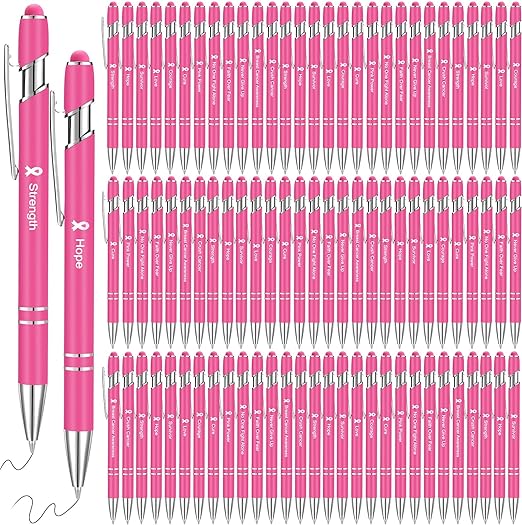 Photo 1 of enceur 50 Pcs Breast Cancer Awareness Pens Pink Ribbon Pens with Stylus Tip Retractable Black Ink Metal Ballpoint Pens Breast Cancer Gifts Bulk for Charity Recognition Public Event Fundraiser