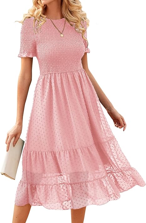 Photo 1 of    size med     NOLLSOM Women Short Ruffle Sleeve Summer Dresses 2023 Solid Crew Neck Smocked Swiss Dots Boho Dress Tiered Cocktail Dress 