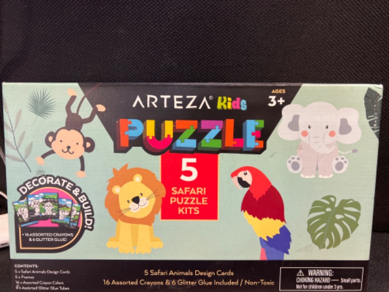 Photo 2 of Arteza Kids Coloring Kit, 5 Safari Jigsaw Puzzles, 16 Crayons, 6 Tubes of Glitter Glue, 5 Frames, DIY and Screen-Free Kids’ Activities, Craft and Art Supplies for Ages 3 and Up 5 Safari Puzzles