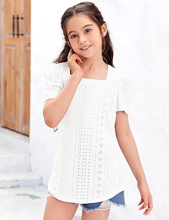 Photo 1 of Girls Summer Puff Sleeve Shirt Square Neck Loose Fit Casual Tunic Blouses Tops Size 6-15 Years-- UNKNOWN SIZE --- SEALED 