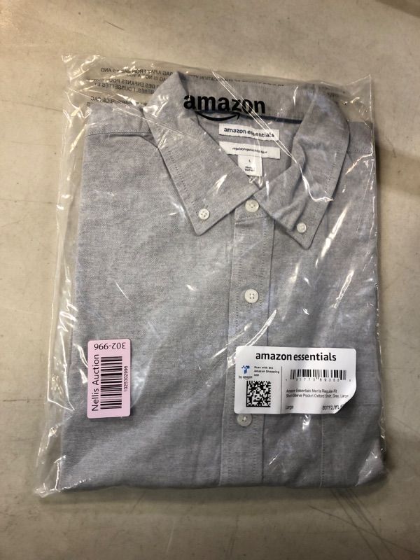 Photo 2 of Amazon Essentials Men's Regular-Fit Short-Sleeve Pocket Oxford Shirt Large Grey