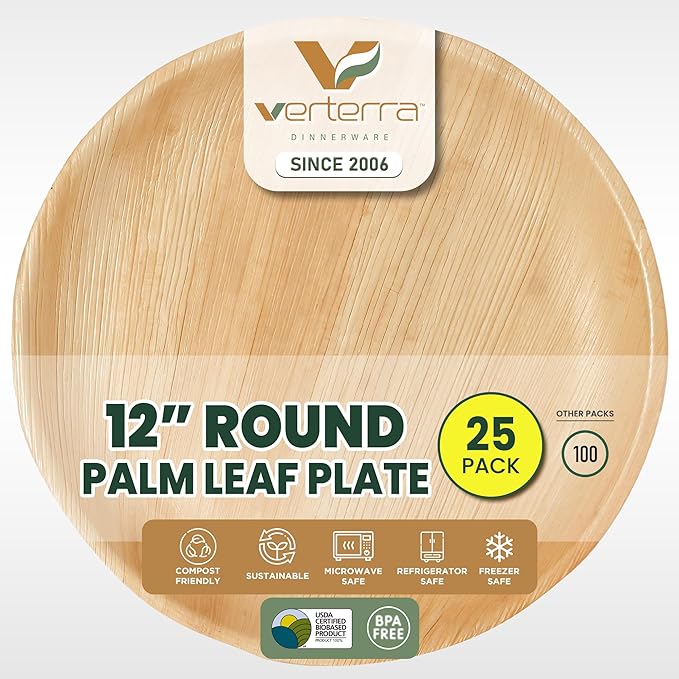 Photo 1 of Palm leaf plates - 12 inch Round, 25 count– Like Bamboo plates, Disposable and Eco-friendly dinnerware in bulk for Events, Parties, Weddings 25 12" Plates