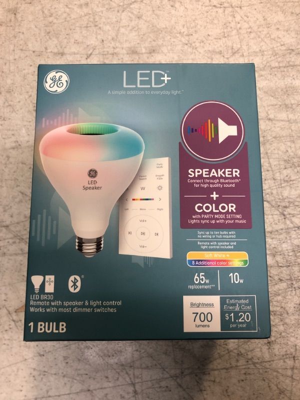 Photo 2 of GE LED+ Color Changing Speaker LED Light Bulb, Soft White + Multicolor, BR30 Indoor Floodlight BR30 Soft White + Multicolor
