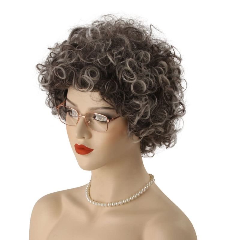 Photo 1 of QACCF Grey Old Lady Wig Short Curly Granny Costume Grandma Glasses and Pearl Necklace Wig (Black Gray)
