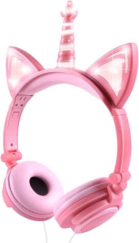 Photo 1 of isightguard Kids Headphones, Unicorn Headphones Wired Headphones,On Ear, Cat Ear Headphones with LED for Girls, 3.5mm Audio Jack for Cell Phone

