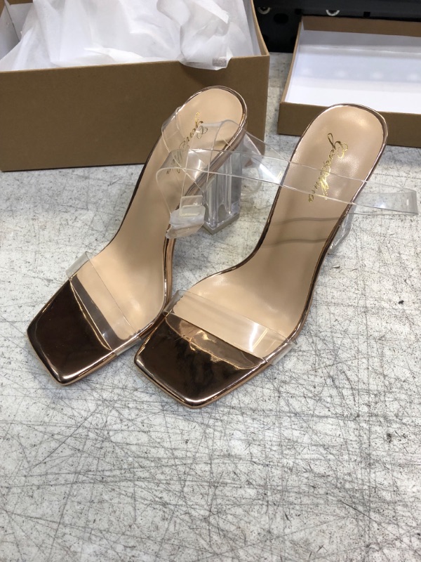 Photo 2 of GENSHUO Clear Chunky Block Heels for Women Transparent Square Toe Ankle Strap Sandals 4 Inch Open Toe Strappy High Heeld Dress Party Holiday Shoes 7 Rose Gold