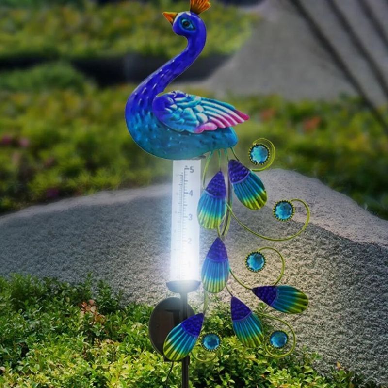 Photo 1 of 1PC Solar Powered Peacock Light Outdoor Courtyards Gardens Statue Mental Iron Peacock Animal Rain Gauge Lawn Lamp Decoration
