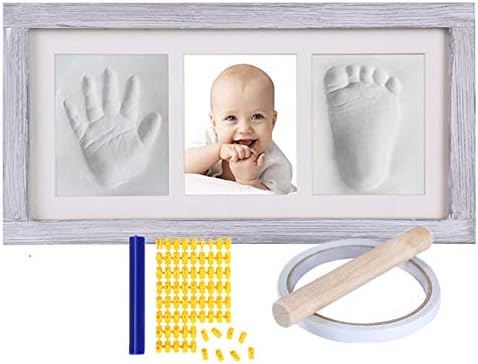 Photo 1 of Baby Footprint Kit, New Born Keepsake Box in Rustic Farmhouse Frame, Clay Baby Casting Kit, Baby Boy Gifts for Baby Shower, Baby Footprint Ornament Kit - Baby Foot and Hand Mold Kit - Bonus Stencil Included (WHITE)
