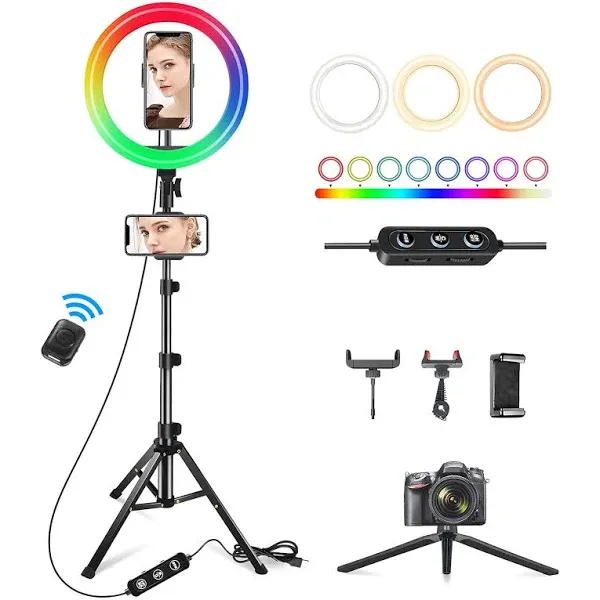 Photo 1 of Weilisi 10" Ring Light with Stand 72'' Tall & 3 Phone Holders,42 Color Modes Selfie Ring Light with Tripod Stand,Stepless Dimmable/Speed LED Ring