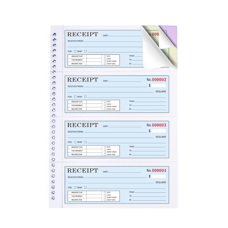Photo 1 of Large Money and Rent Receipt Book with Cardboard Insert,3-Part Carbonless,7.9”x11.23” Spiral Bound,100 Sets per Book,4 Receipts per Page for Office Supplier,Rent and Cash Transaction Color: Large Single Book-3 Part Carbonless