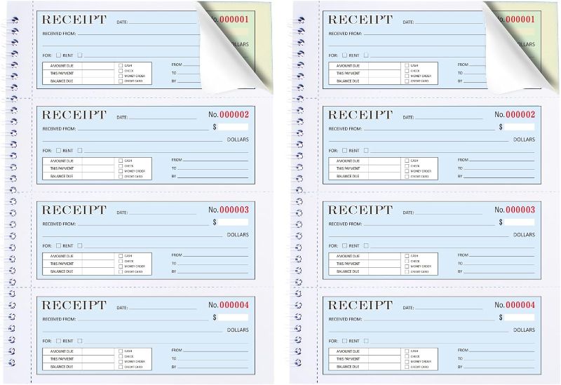 Photo 1 of Two Books Large Money and Rent Receipt Book with Cardboard Insert,2-Part Carbonless,7.9”x11.23” Spiral Bound,200 Sets per Book,4 Receipts per Page for Office Supplier,Rent and Cash Transaction
