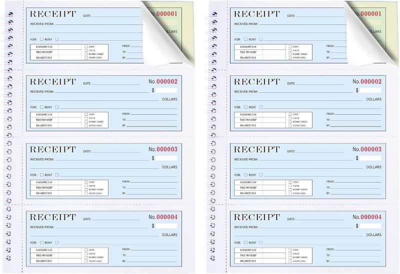 Photo 1 of Two Books Large Money and Rent Receipt Book with Cardboard Insert,2-Part Carbonless,7.9”x11.23” Spiral Bound,200 Sets per Book,4 Receipts per Page for Office Supplier,Rent and Cash Transaction
