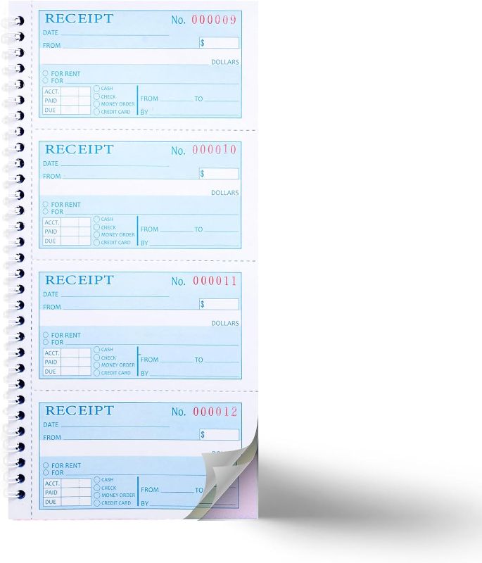 Photo 1 of ( PACK OF 3 ) Receipt Books,Money and Rent Receipt Book,3-Part Carbonless,5.31" x 11.22",Receipt Book for Small bBusiness,Blue,Yellow and Pink Copy,100 Sets Per Book
