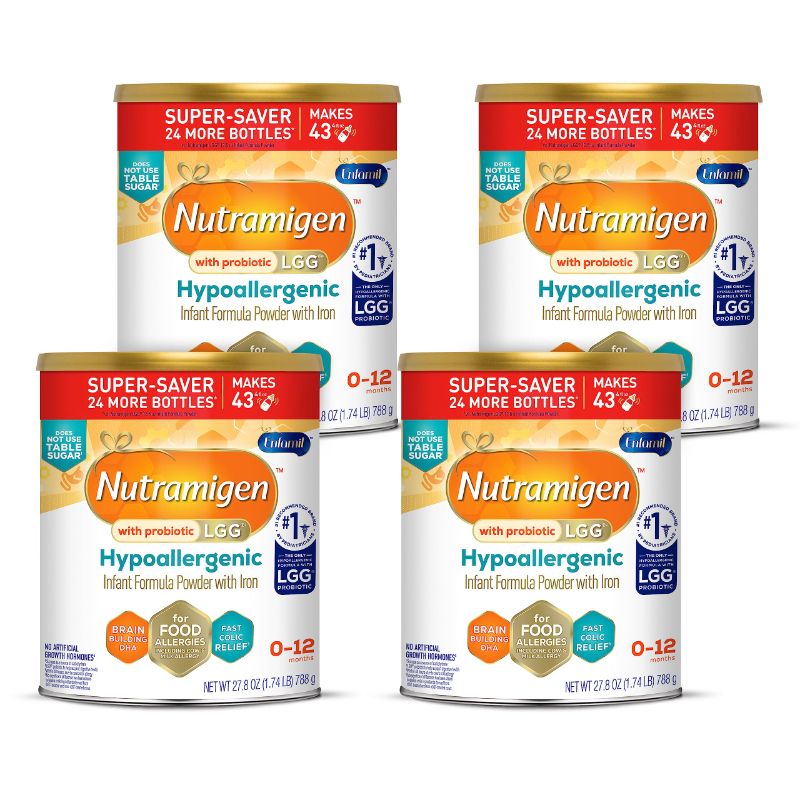 Photo 1 of Enfamil Nutramigen Infant Formula, Hypoallergenic and Lactose Free Formula with Enflora LGG, Fast Relief from Severe Crying and Colic, Powder Can, 27.8 Ounce (Pack of 4) 27.8 Oz Can (Pack of 4) (BB 01APR25)