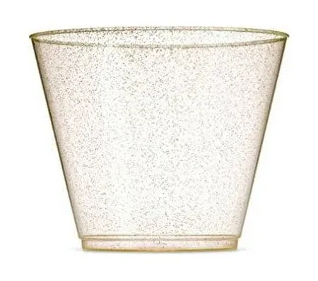 Photo 1 of BOX OF gold rimmed plastic cups with gold sparkles