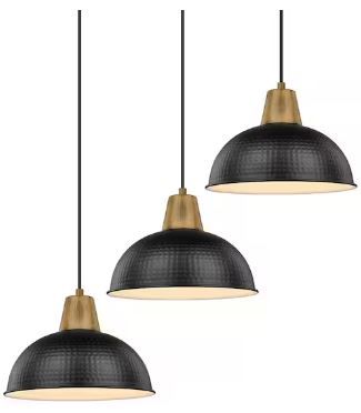 Photo 1 of 10.2 in. 1-Light Black Pendant Light Fixtures With Hammered Metal Shade for Kitchen Island (3-Pack)