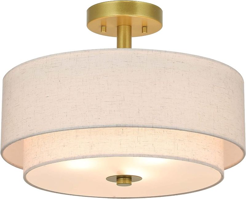 Photo 1 of  Lighting 3 Light Semi Flush Mount Light, Close to Ceiling Light Fixture with Fabric Shade Retro Gold Brass 13 inch Semi Flush Drum Light for Bedroom & Living Room