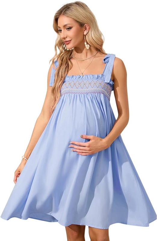 Photo 1 of KOJOOIN Women's Maternity Floral Smocked Casual Dresses Summer Midi Nursing Dress Straps Baby Shower Dress ( LARGE ) 
