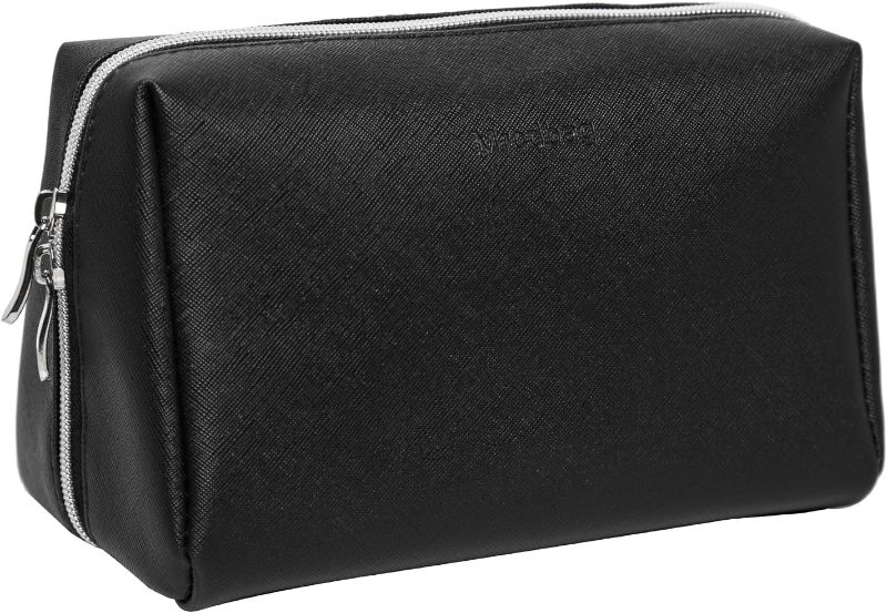 Photo 1 of Mrcdbag Lightweight Travel Makeup Organizer Bag - Waterproof PU Leather Cosmetic Bag Portable Toiletry Bag Fashion Solid Color Zipper Makeup Pouch With Separate Compartments (Black, Large)
