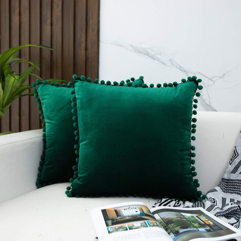 Photo 1 of JUSPURBET Christmas Velvet Pillow Covers with Cute Pom Poms,Pack of 2 Decorative Throw Pillow Cases for Couch Sofa Bed,22x22 Inches,Dark Green
