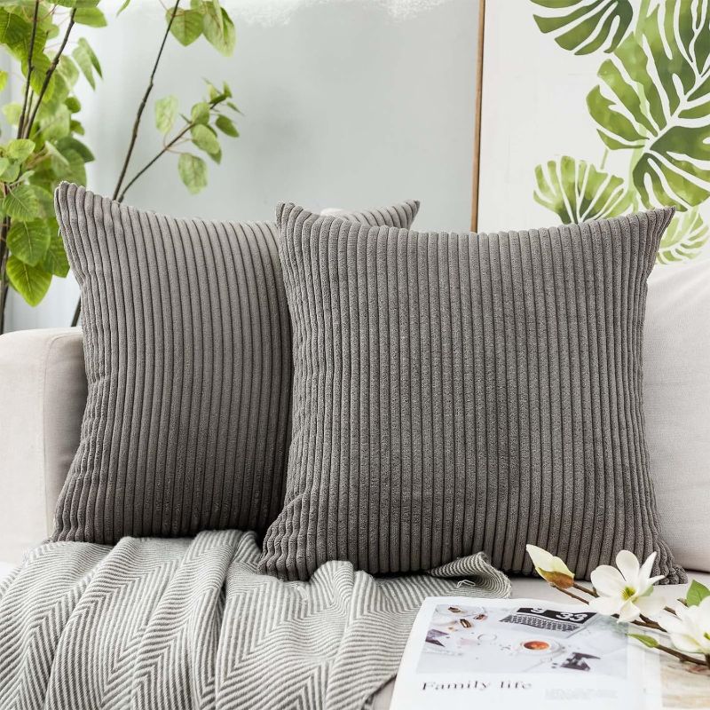 Photo 1 of JUSPURBET Dark Grey Corduroy Throw Pillow Covers 20x20 inch Set of 2 for Couch Bed Sofa Living Room Decorative Soft Solid Square Striped Cushion Cases with Invisible Zipper
