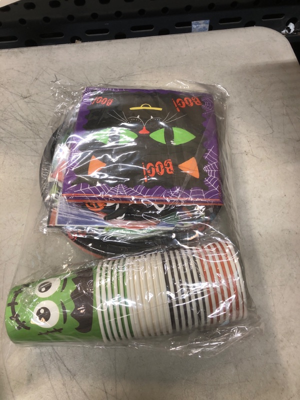 Photo 2 of 105 Pcs Halloween Party Supplies Tableware Set for Halloween Holiday Party Decorations Includes Trick or Treat Plates, Napkins, Cups, Hanging Swirls, Banner, Serves 24
