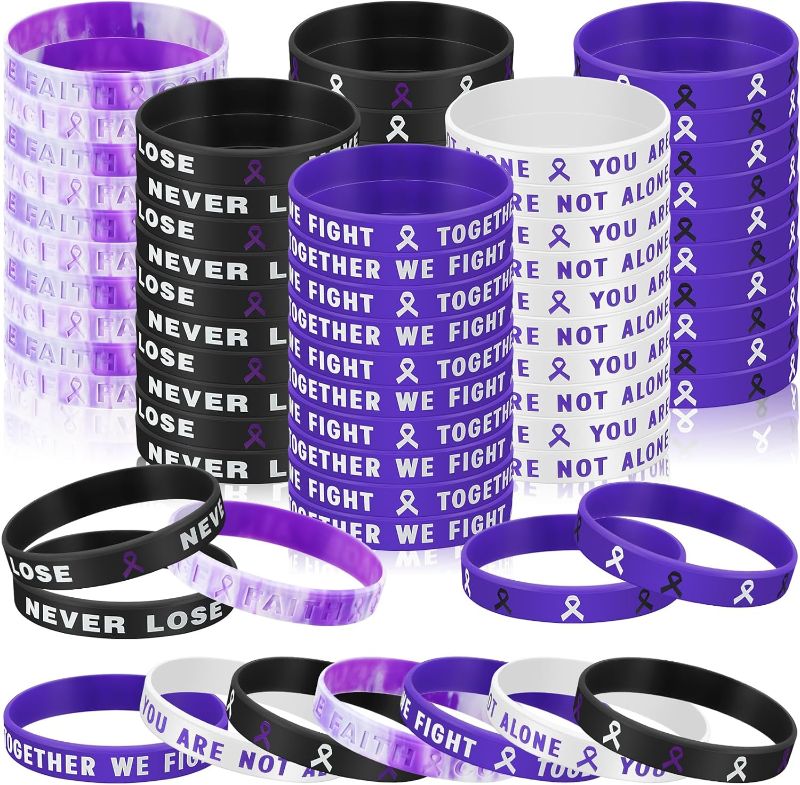 Photo 1 of Lenwen 300 Pcs Breast Cancer Bracelets Ribbon Silicone Breast Cancer Awareness Bracelet Bulk Alzheimers Wristbands for Youth Women Men Kids Sports Party Favor Supplies(Purple)
