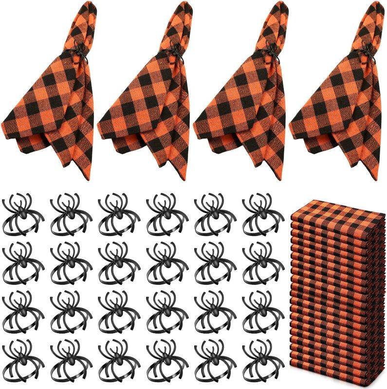 Photo 1 of 24 Set Halloween Cloth Napkins and Napkin Rings Set Metal Napkin Holder Ring Orange Black Buffalo Checks 20x19 Inch Serviette Buckle for Halloween Holiday Party Kitchen Dinner Decoration (Spider)
