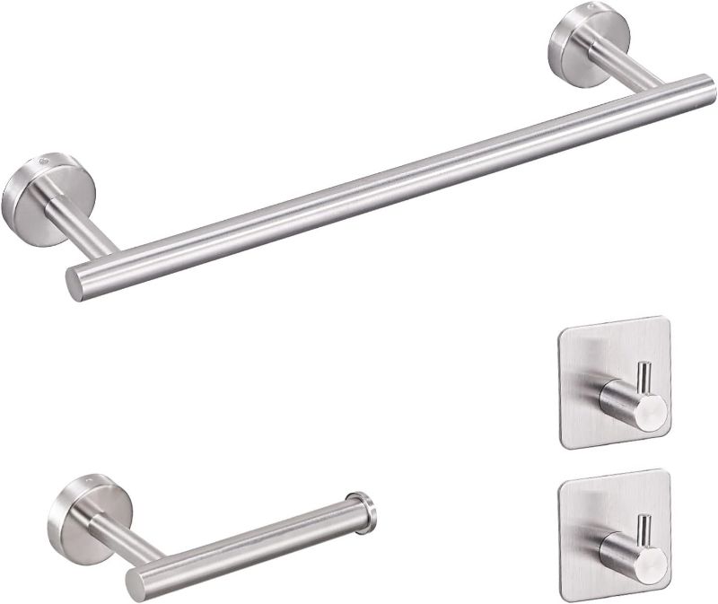 Photo 1 of Bathroom Hardware Set, 4 PCS Brushed Nickel Bathroom Towel Rack Set, Include 16 inch Hand Towel Bar, Toilet Paper Holder, 2 Adhesive Towel Robe Hooks, Stainless Steel Bathroom Accessories Set
