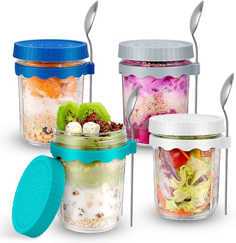 Photo 1 of 4 Pack Overnight Oats Containers with Lids and Spoon,16 oz Overnight Oats Jars Glass Oatmeal Meal Prep Containers Reusable for Chia Pudding Yogurt Fruit Salad Dessert Snacks Breakfast Cereal Cups On the Go,Suitable for Home,Companies,Work and Travel
